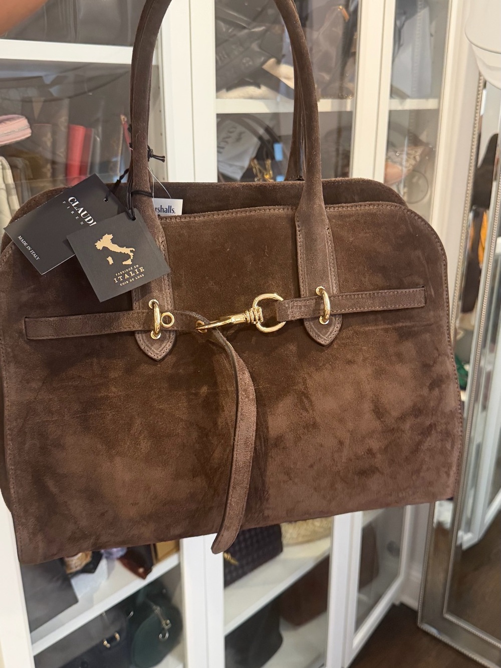 Suede Satchel Handbag in Dark Brown with Gold-Tone Hardware